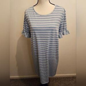 Women's Pull Over Stretch Short Ruffle Sleeve Dress Blue & White Size L #W-391